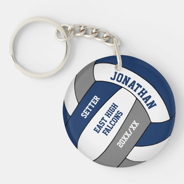 blue grey team colours custom boys volleyball key ring (Front)