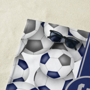 Blue grey team colours soccer balls pattern beach towel