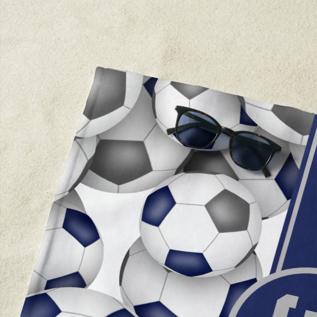 Blue grey team colours soccer balls pattern beach towel (In Situ)