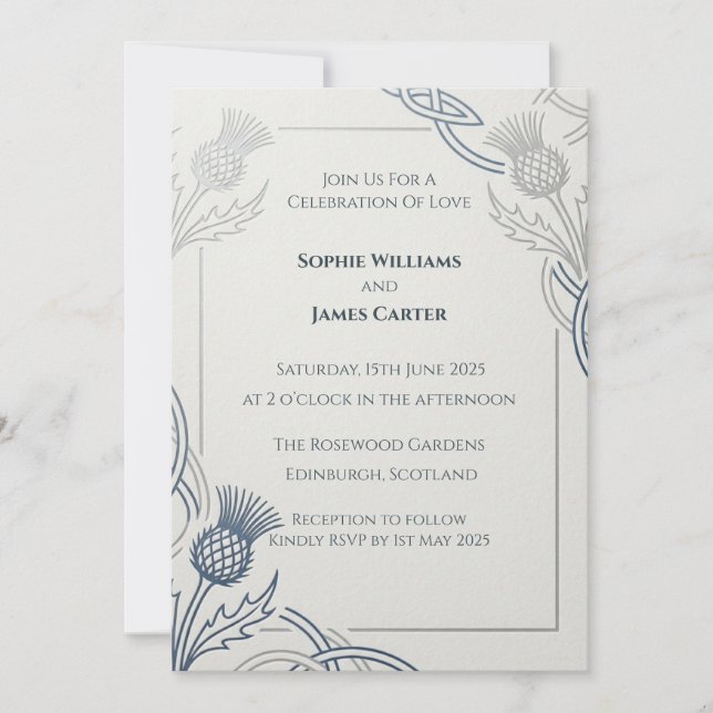 Blue Grey Thistle Scottish Wedding Invitation (Front)