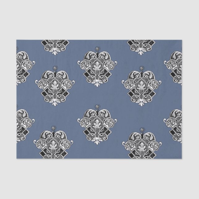 Blue Grey Victorian Ornamental Design Tissue Paper (Front)