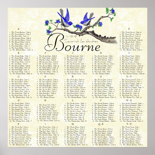 Blue & Grey Vintage Birds Reception Seating Chart (Front)