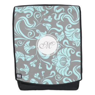 Blue Grey Vintage Floral Pattern Monogram Backpack