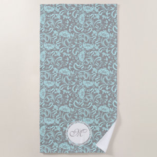 Blue Grey Vintage Floral Pattern Monogram Beach T Towel