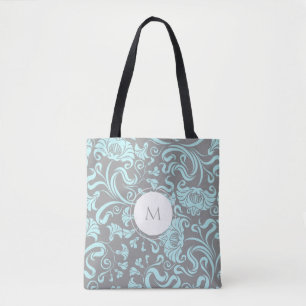 Blue Grey Vintage Floral Pattern Monogram Tote Bag