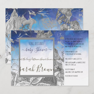 BLUE & GREY VINTAGE  LONG DISTANCE BABY SHOWER INVITATION