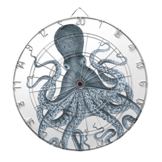 Blue Grey Vintage Octopus Illustration Dartboard (Front)