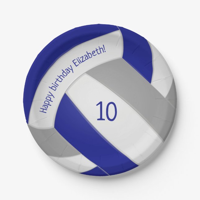 blue grey volleyball girls boys sports birthday paper plate (Front)