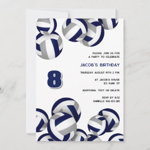 blue grey volleyballs birthday or team party invitation
