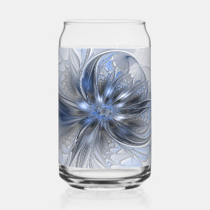 Blue Grey Watercolor Abstract Floral Fractal Art Can Glass