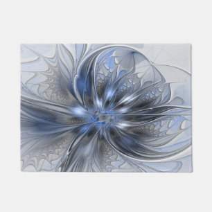 Blue Grey Watercolor Abstract Floral Fractal Art Doormat