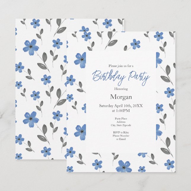 Blue Grey Watercolor Five Petal Flower  Pattern Invitation (Front/Back)