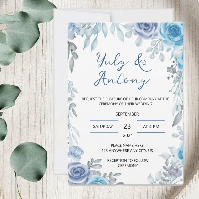 Blue Grey Watercolor Floral Elegant Invitation (Tarjeta floral tonos azul y gris acuarela)