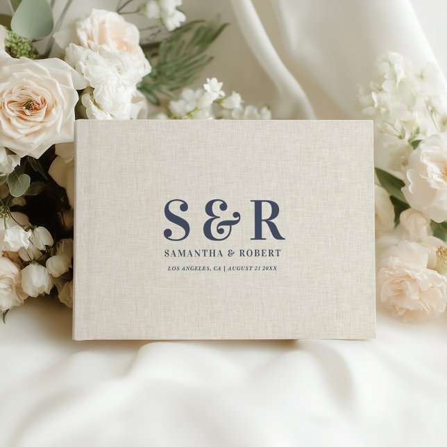 Blue-Grey Wedding Monogram Beige Linen Guest Book (Creator Uploaded)