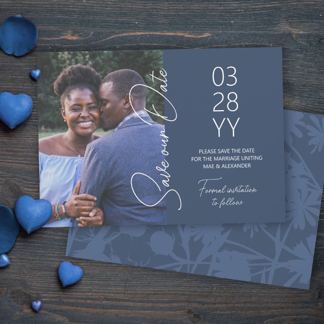 Blue-Grey Wedding Save the Date Invitation (slate blue anchor navy grey save the date cards, simple minimalistic elegant script save our date)