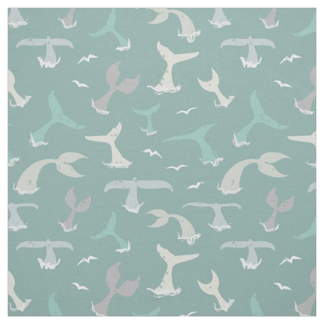 Blue Grey Whale Tail Pattern on Coastal Blue Fabric (Swatch)