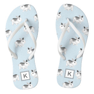 Blue Grey Whimsical Bunnies with Monogram Thongs