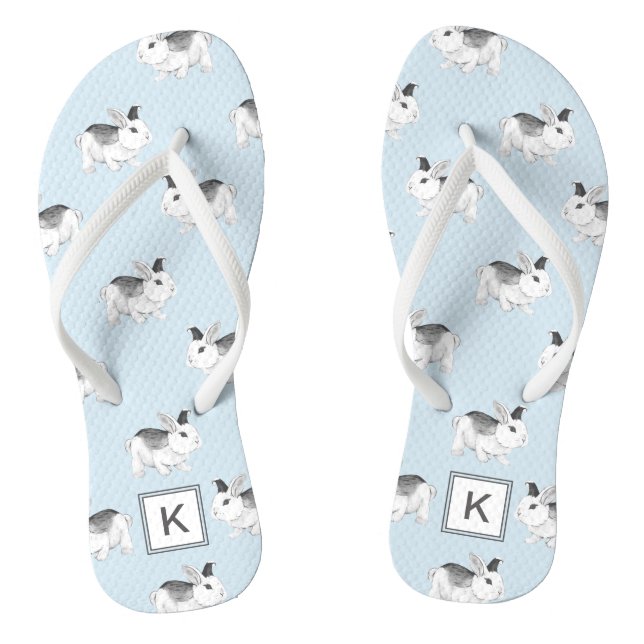 Blue Grey Whimsical Bunnies with Monogram Thongs (Footbed)