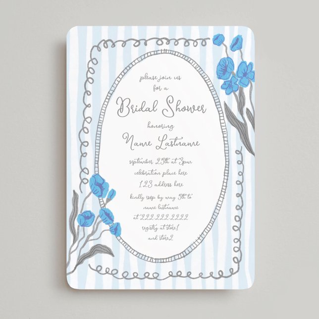 Blue Grey Whimsical Hand Painted Bridal Shower Invitation (Creator Uploaded)