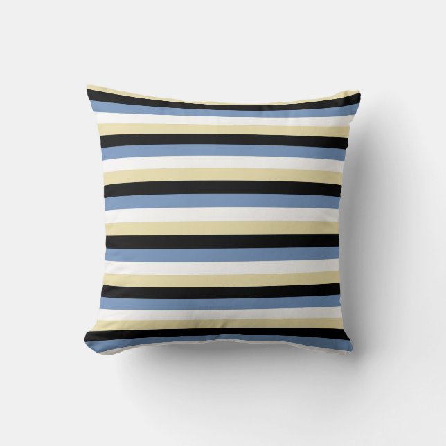 Blue/Grey, White, Beige and Black Stripes Cushion (Front)