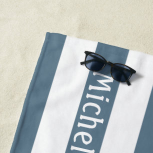Blue Grey White Cabana Stripes Personalised Beach Towel