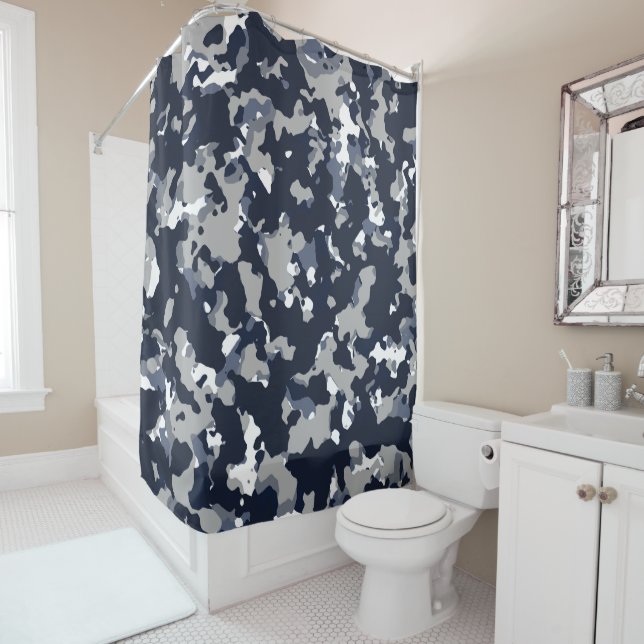 Blue Grey White Camouflage Camo Pattern Shower Curtain (In Situ)