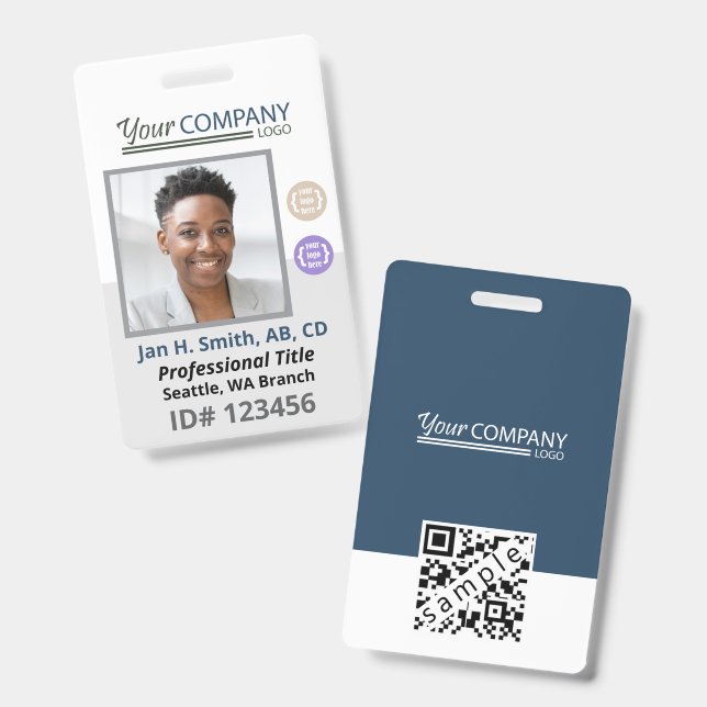 Blue-Grey White Employee Photo ID, Logo & QR Code ID Badge (Front & Back)