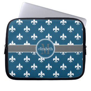 Blue Grey White Fleur de Lis Monogram Laptop Sleeve