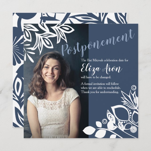 Blue-Grey White Flowers Announcement Card (Front/Back)