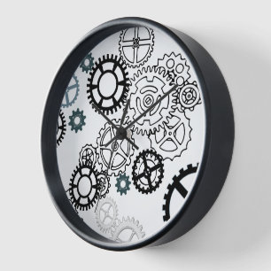 Blue Grey White Gear Pattern for Boys Room Decor F Clock