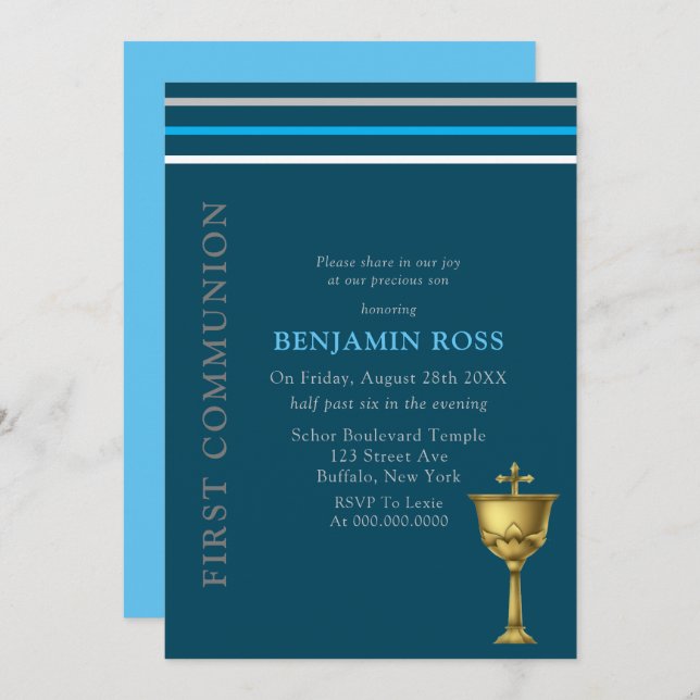 Blue Grey White Gold Chalice First Communion  Invitation (Front/Back)