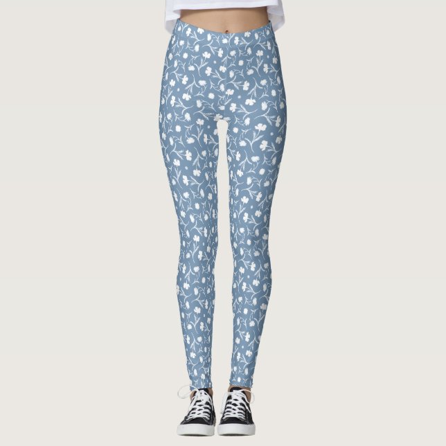 Blue Grey White Liberty Floral Pattern Elegant Pop Leggings (Front)