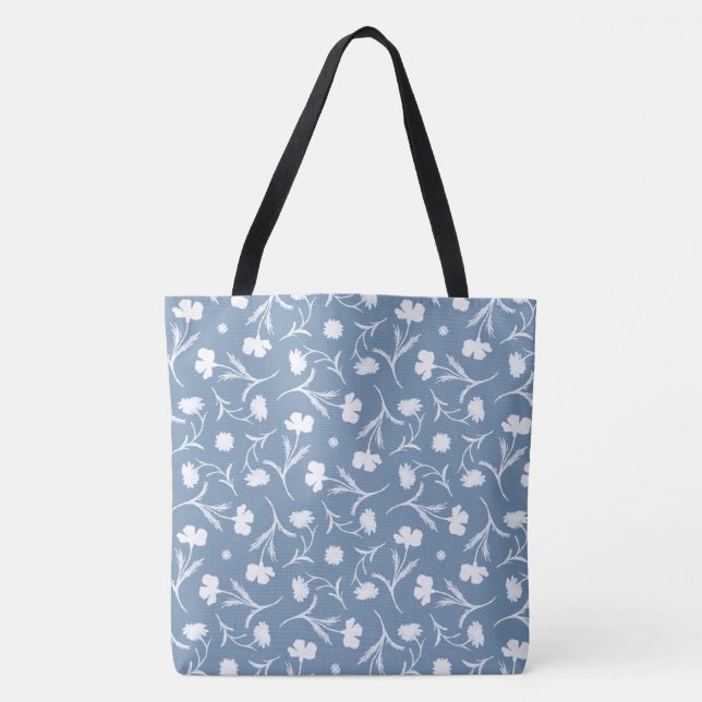 Blue Grey White Liberty Floral Pattern Elegant Pop Tote Bag (Front)