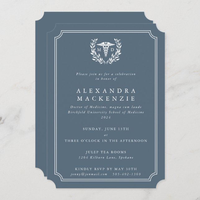 Blue-Grey/White MD Caduceus Graduation Invitation (Front/Back)