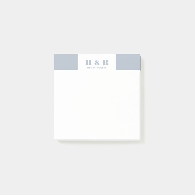 Blue-Grey & White Minimalistic Modern Monogram Post-it Notes (Front)