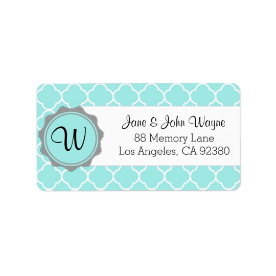 Blue Grey White Quatrefoil Modern Monogram Label 3 Address Label