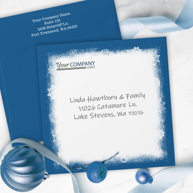 Blue-Grey White Snowflakes Company Logo Addressed Envelope (blue teal logo envelopes for christmas cards, company holiday xmas card envelopes, snowflakes winter)