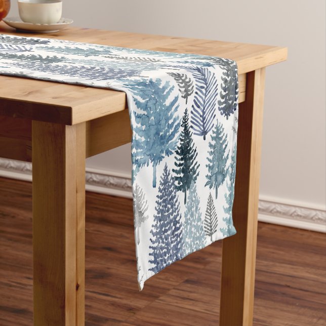 Blue Grey Winter Pine Trees Holiday Table Runner (In Situ)