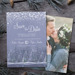Blue grey winter trees lakeside photo wedding save the date
