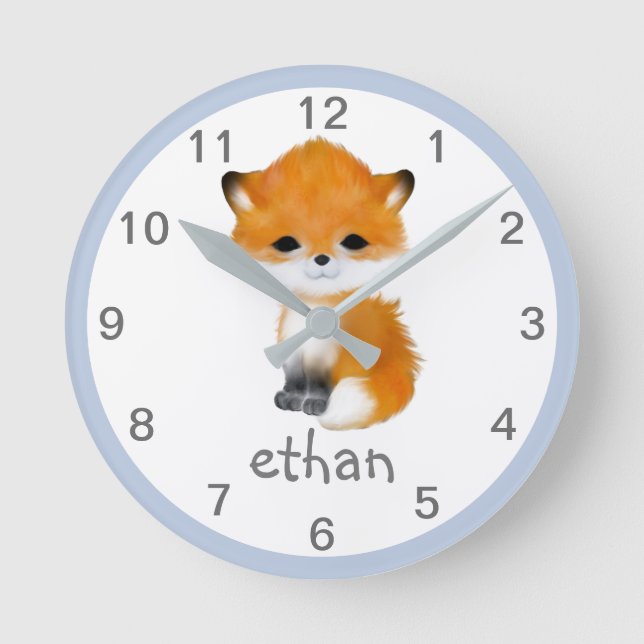 Blue Grey Woodland Animal Fox Nursery Wall Clock (Front)