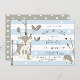 Blue Grey Woodland Fox Hedgehog Baby Shower Card