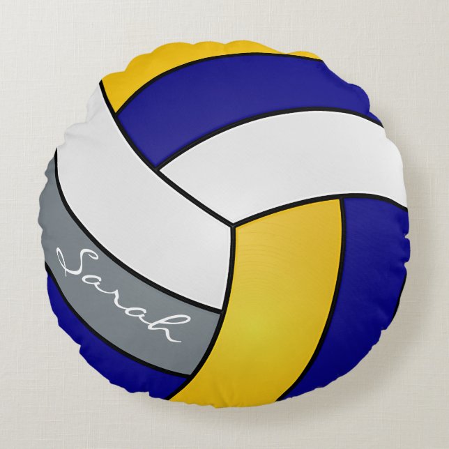 Blue, Grey, Yellow and White Volleyball | DIY Name Round Cushion (Front)