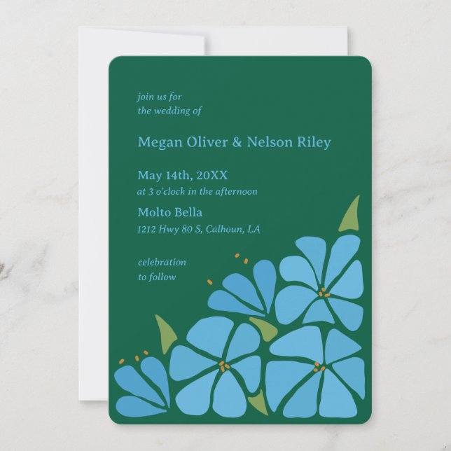 Blue Groovy Flower Pattern Wedding Invitation (Front)