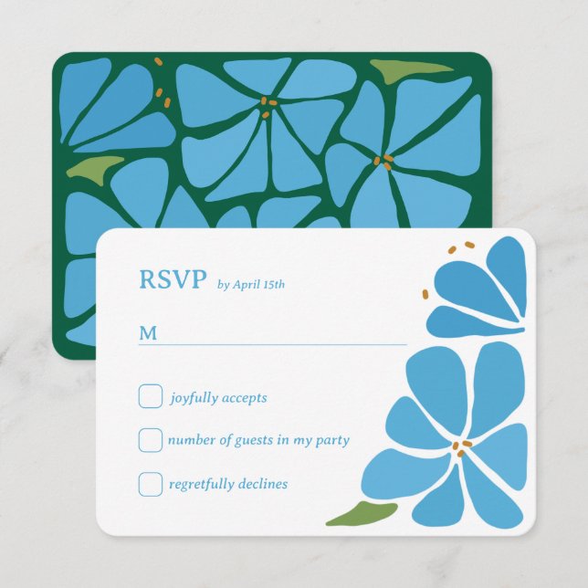 Blue Groovy Flower Pattern Wedding RSVP Card (Front/Back)