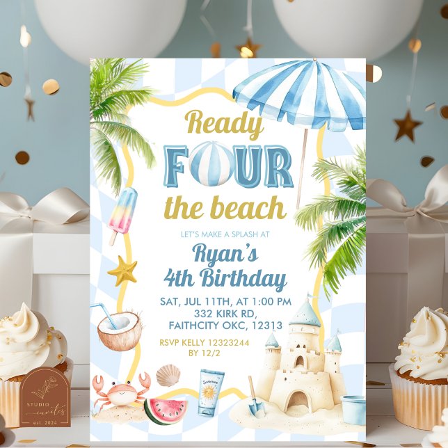 Blue Groovy Ready FOUR the Beach 4th Birthday Invitation (Creator Uploaded)