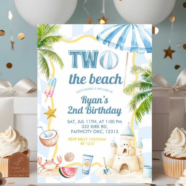  Blue Groovy Two the Beach 2nd Birthday Party Invitation (Creator Uploaded)