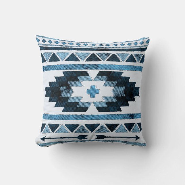 Blue Grunge Aztec Tribal Cushion (Front)