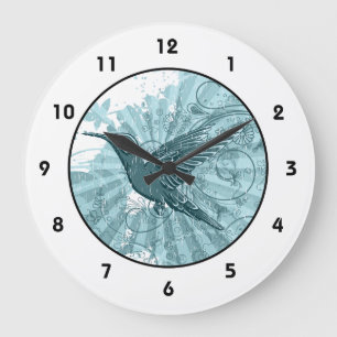Blue Grunge Hummingbird Large Clock