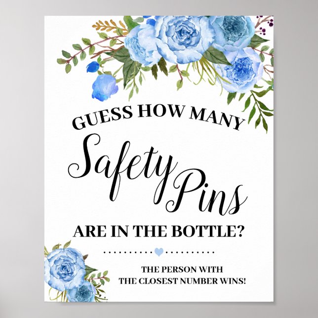 Blue Guess how many Safety Pins shower game sign (Front)