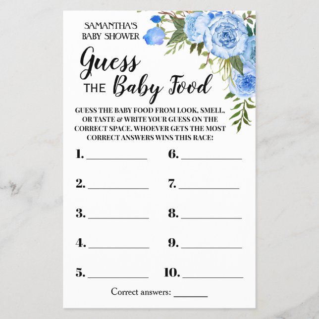 Blue Guess the Baby food shower game card (Front)